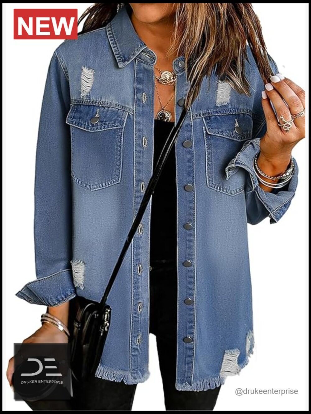Oversized Denim Jacket Long Sleeve Button Front Distressed Shacket Women